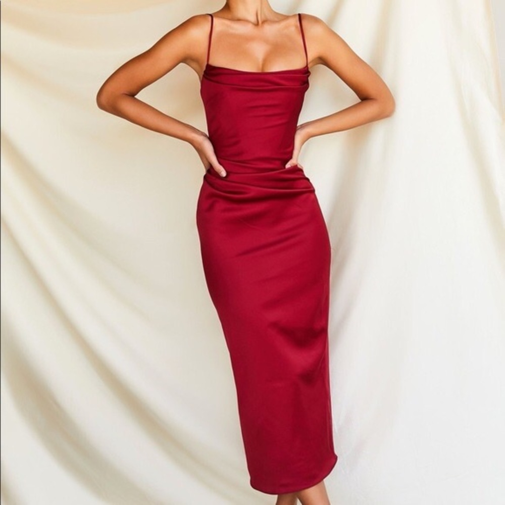 House of CB Red Satin Midi Slip Dress